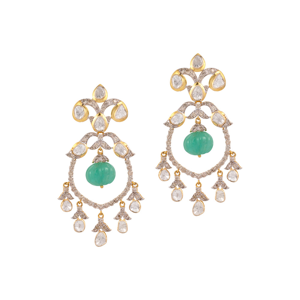 Polki Earring with Carved Emerald Melon Drop